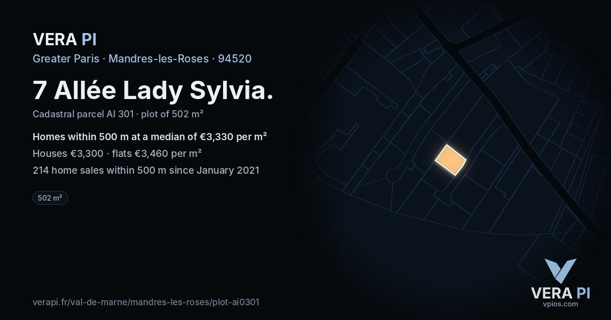 7 Allée Lady Sylvia, Mandres-les-Roses at night – the plot lit, the parcels around coloured by the prices near them