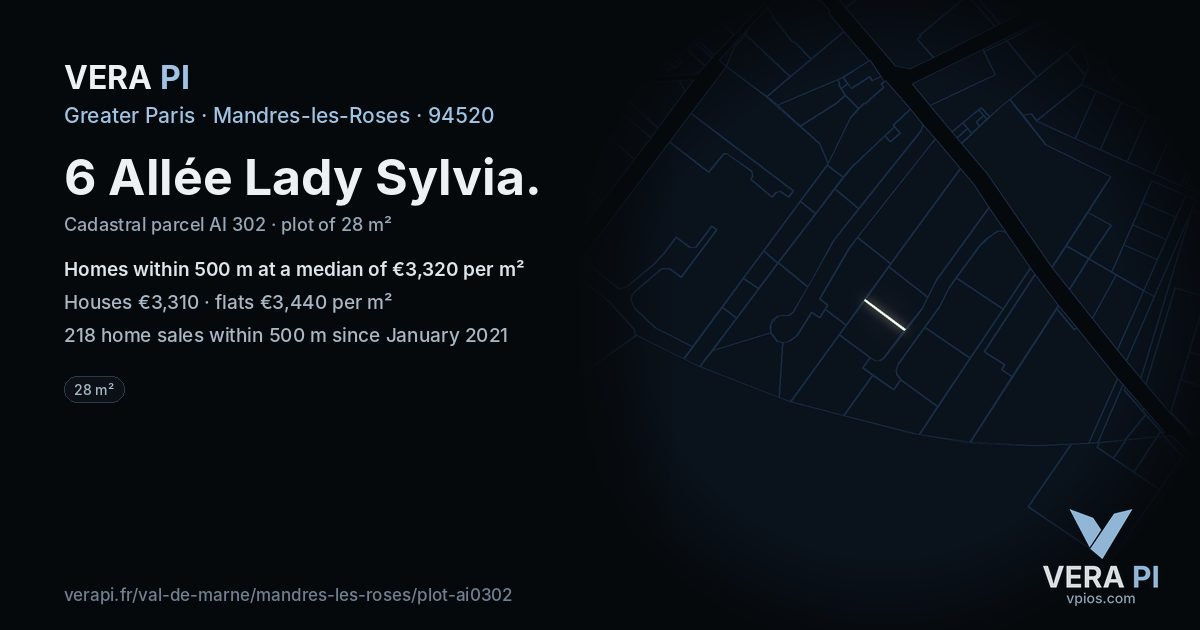 6 Allée Lady Sylvia, Mandres-les-Roses at night – the plot lit, the parcels around coloured by the prices near them