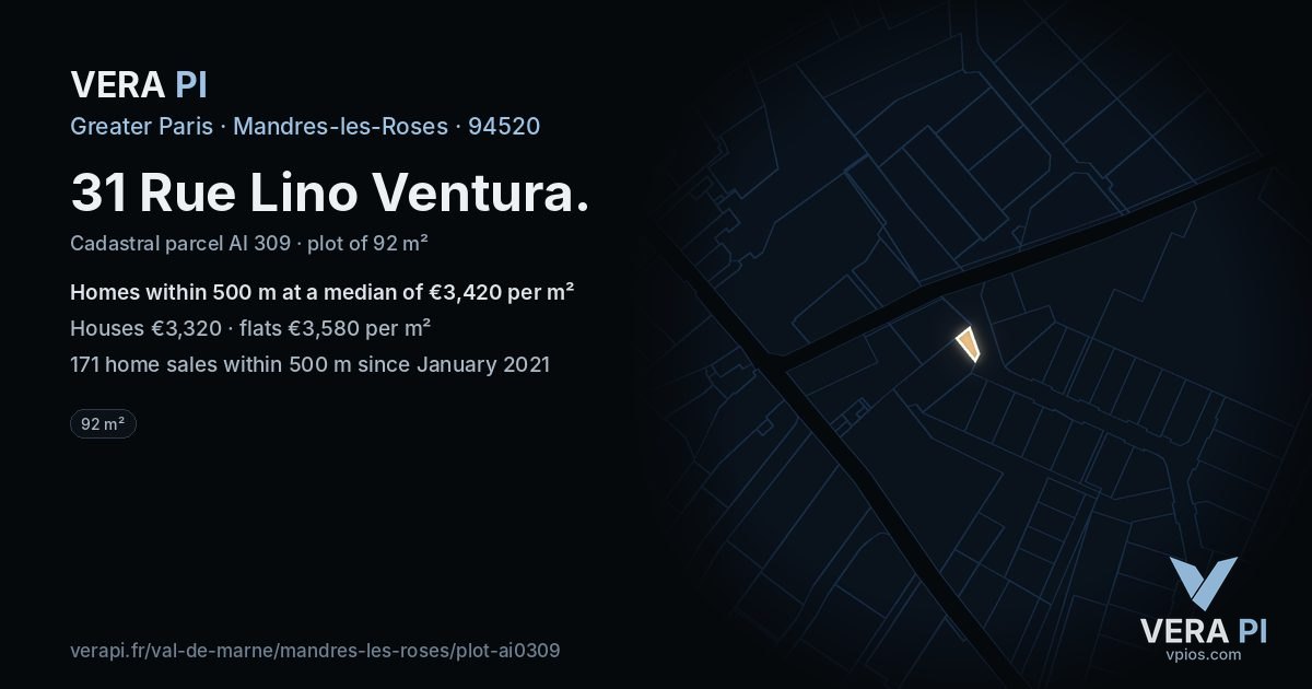 31 Rue Lino Ventura, Mandres-les-Roses at night – the plot lit, the parcels around coloured by the prices near them