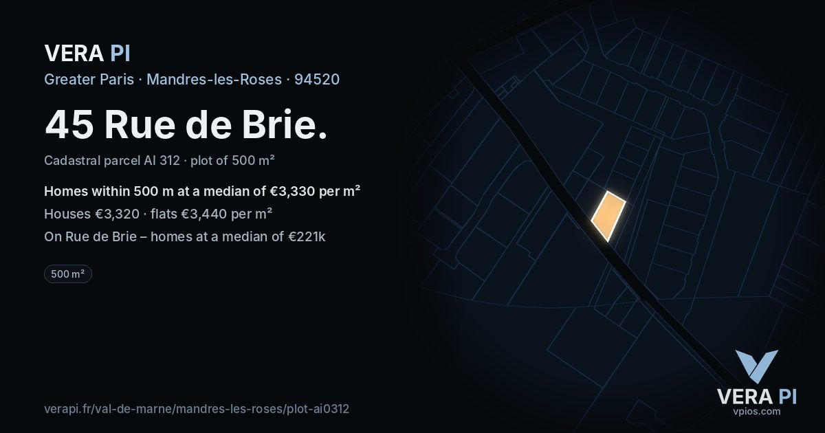 45 Rue de Brie, Mandres-les-Roses at night – the plot lit, the parcels around coloured by the prices near them