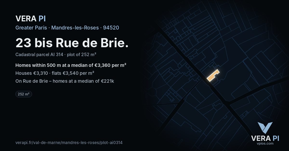 23 bis Rue de Brie, Mandres-les-Roses at night – the plot lit, the parcels around coloured by the prices near them