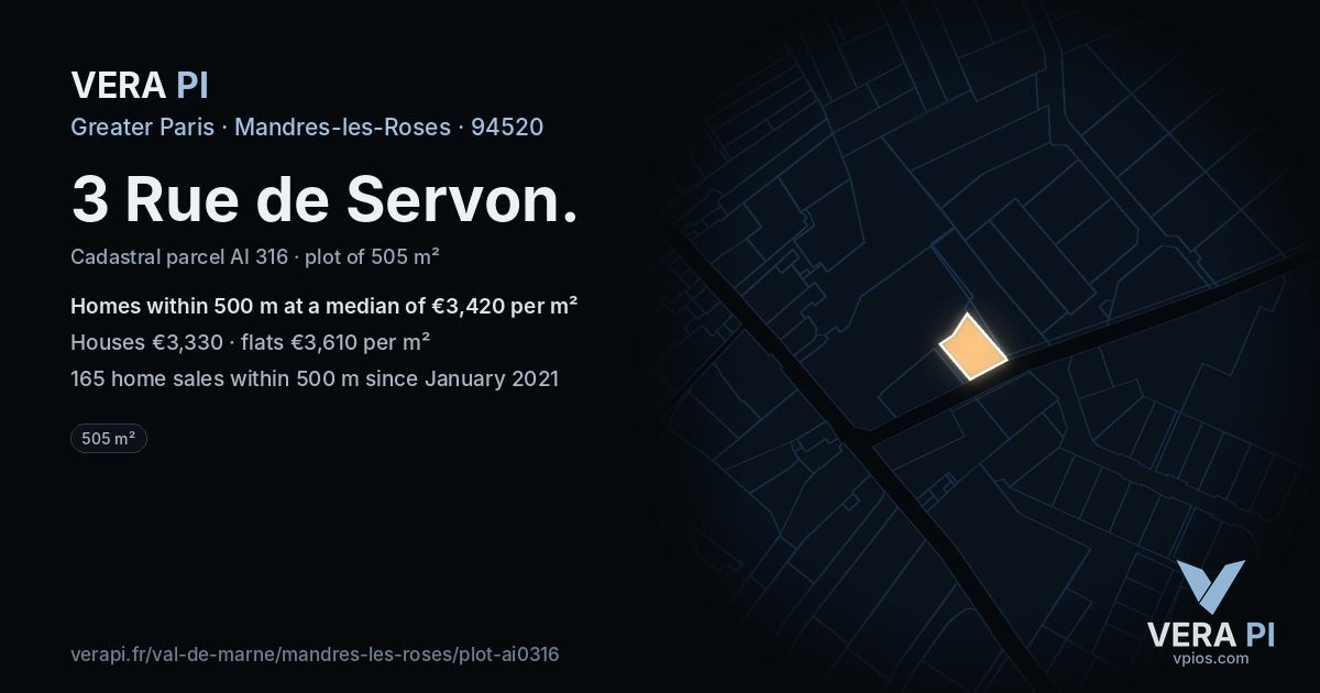 3 Rue de Servon, Mandres-les-Roses at night – the plot lit, the parcels around coloured by the prices near them