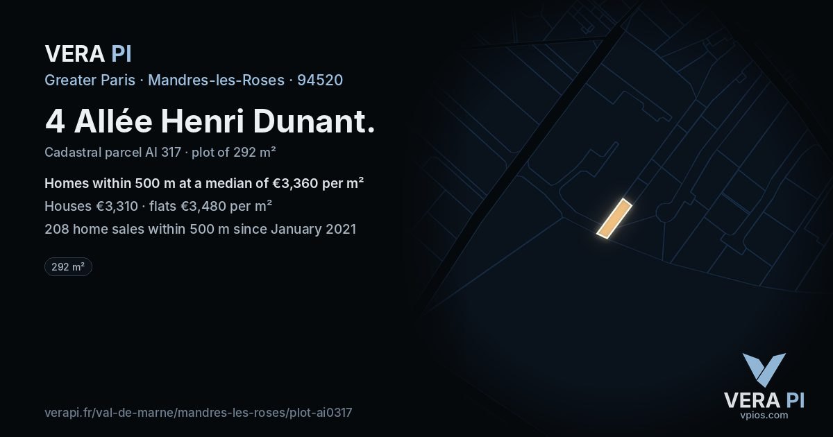 4 Allée Henri Dunant, Mandres-les-Roses at night – the plot lit, the parcels around coloured by the prices near them