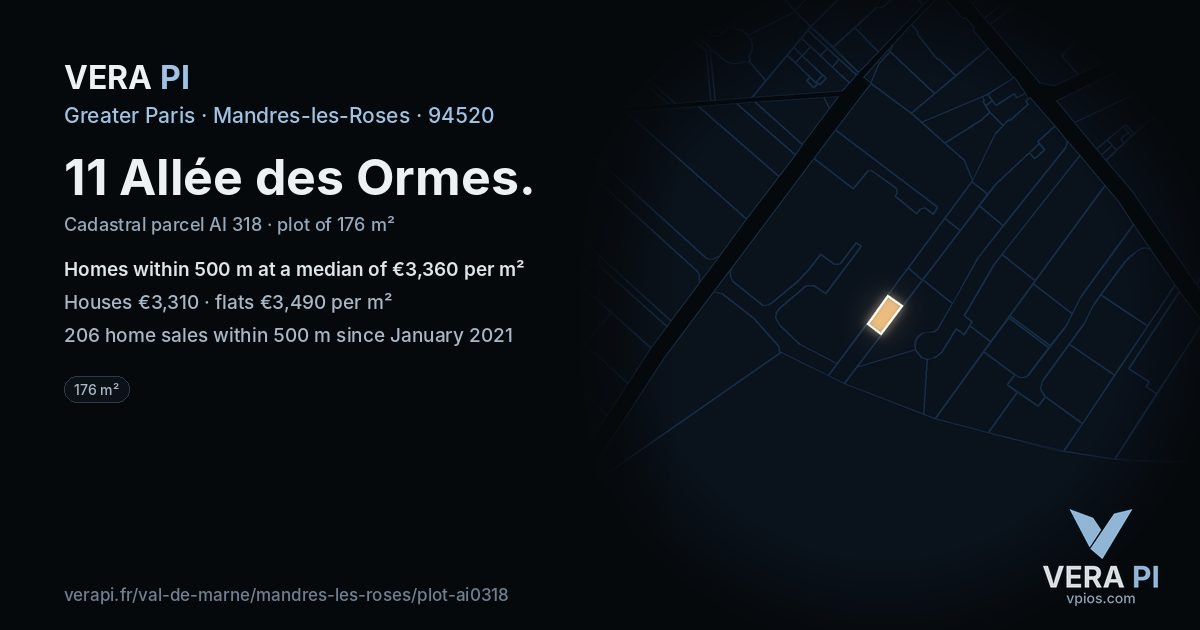 11 Allée des Ormes, Mandres-les-Roses at night – the plot lit, the parcels around coloured by the prices near them