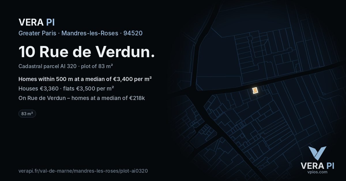 10 Rue de Verdun, Mandres-les-Roses at night – the plot lit, the parcels around coloured by the prices near them
