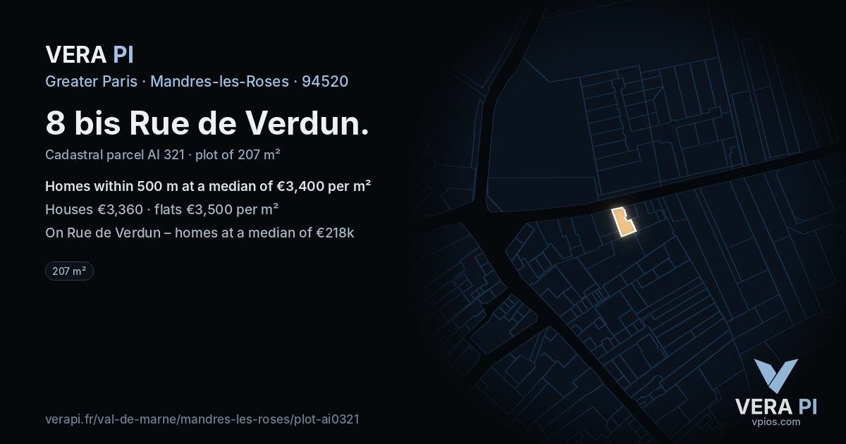 8 bis Rue de Verdun, Mandres-les-Roses at night – the plot lit, the parcels around coloured by the prices near them