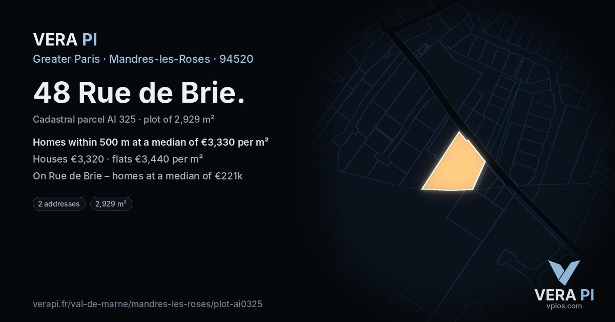 48 Rue de Brie, Mandres-les-Roses at night – the plot lit, the parcels around coloured by the prices near them