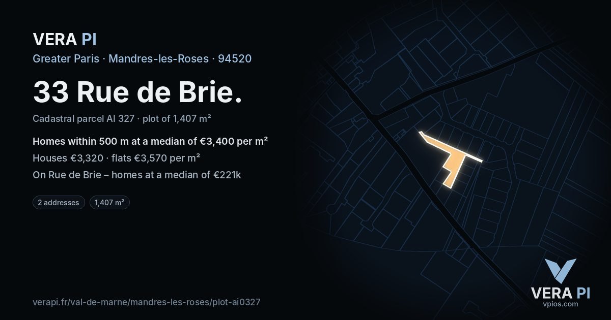 33 Rue de Brie, Mandres-les-Roses at night – the plot lit, the parcels around coloured by the prices near them