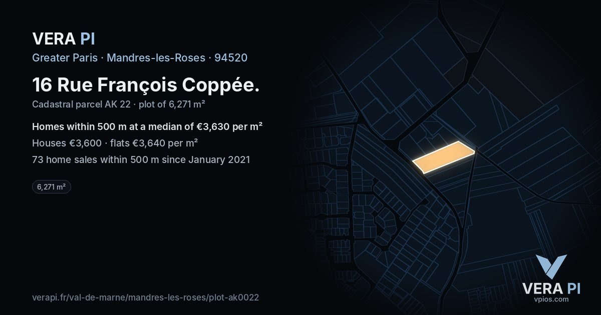 16 Rue François Coppée, Mandres-les-Roses at night – the plot lit, the parcels around coloured by the prices near them