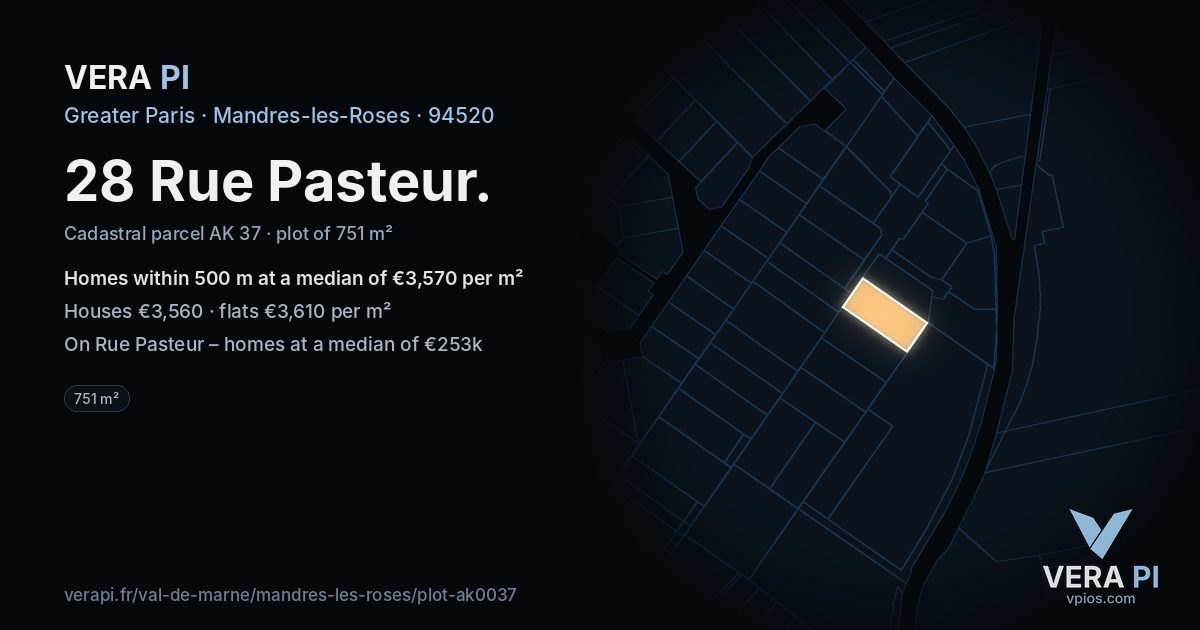 28 Rue Pasteur, Mandres-les-Roses at night – the plot lit, the parcels around coloured by the prices near them