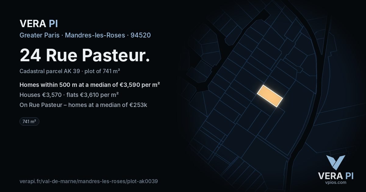 24 Rue Pasteur, Mandres-les-Roses at night – the plot lit, the parcels around coloured by the prices near them