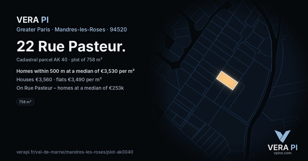 22 Rue Pasteur, Mandres-les-Roses at night – the plot lit, the parcels around coloured by the prices near them