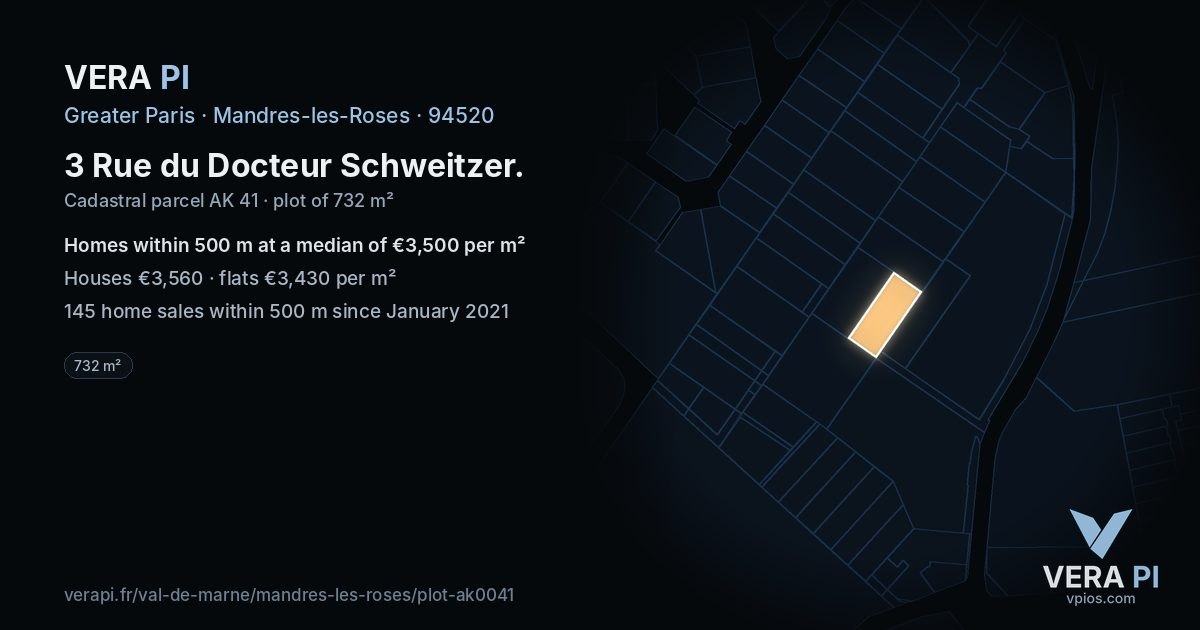 3 Rue du Docteur Schweitzer, Mandres-les-Roses at night – the plot lit, the parcels around coloured by the prices near them
