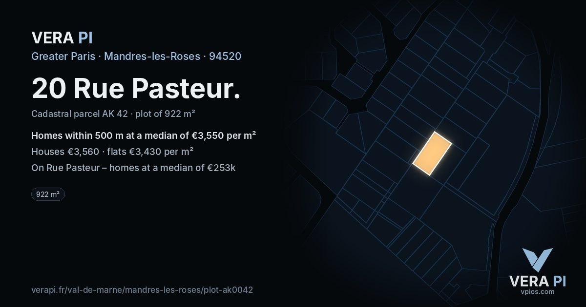 20 Rue Pasteur, Mandres-les-Roses at night – the plot lit, the parcels around coloured by the prices near them