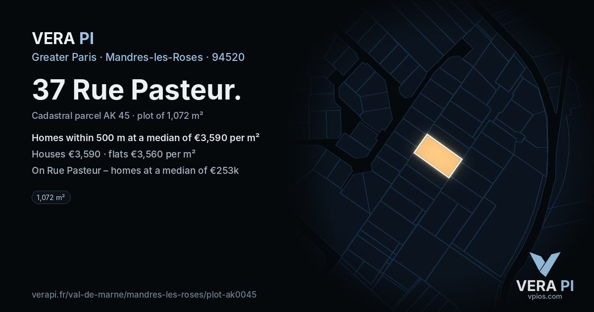 37 Rue Pasteur, Mandres-les-Roses at night – the plot lit, the parcels around coloured by the prices near them