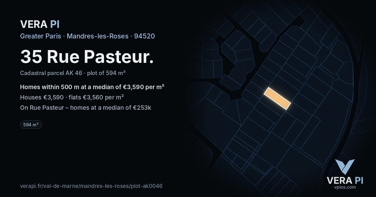 35 Rue Pasteur, Mandres-les-Roses at night – the plot lit, the parcels around coloured by the prices near them
