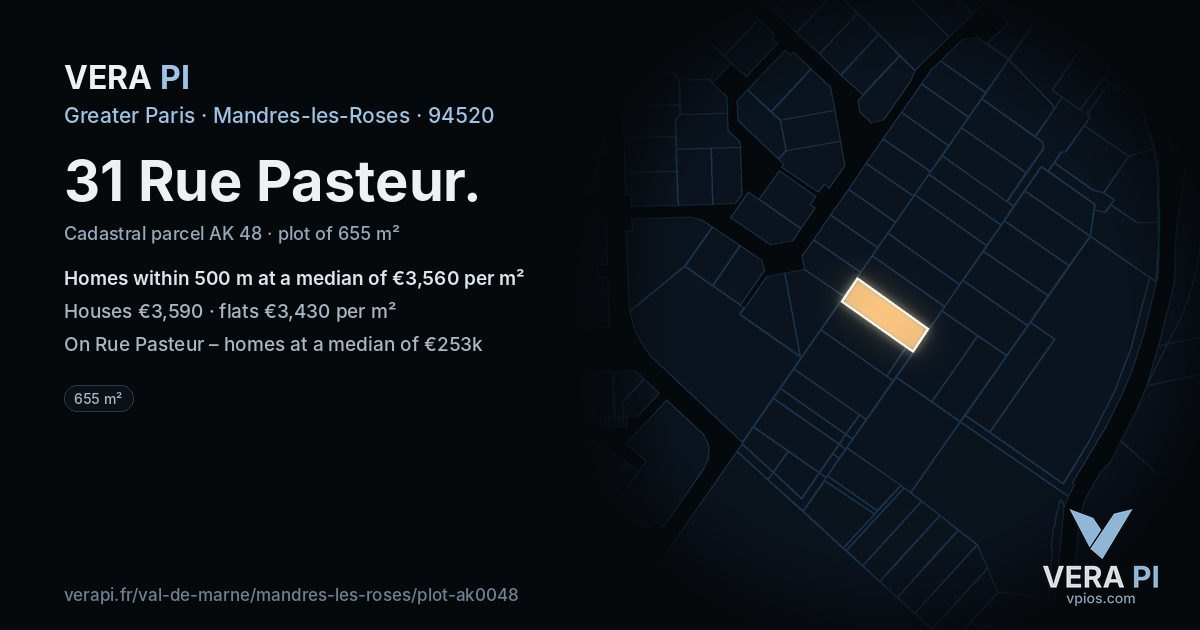 31 Rue Pasteur, Mandres-les-Roses at night – the plot lit, the parcels around coloured by the prices near them