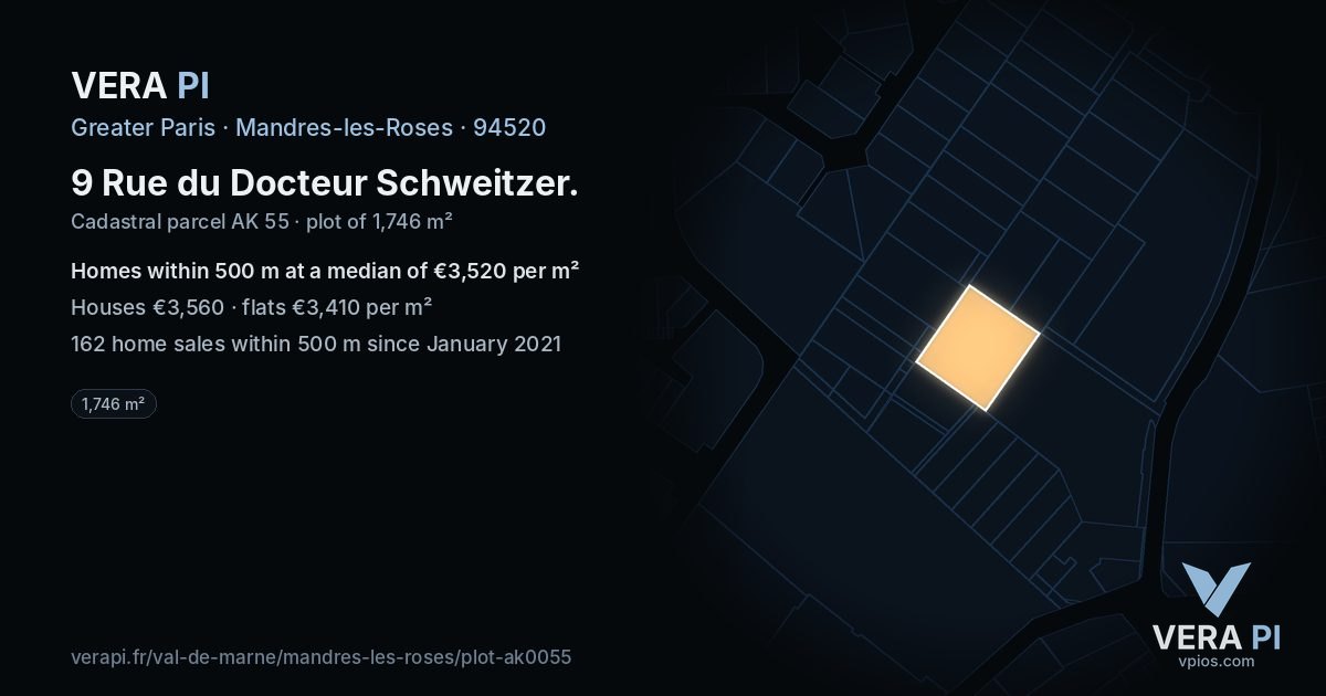 9 Rue du Docteur Schweitzer, Mandres-les-Roses at night – the plot lit, the parcels around coloured by the prices near them