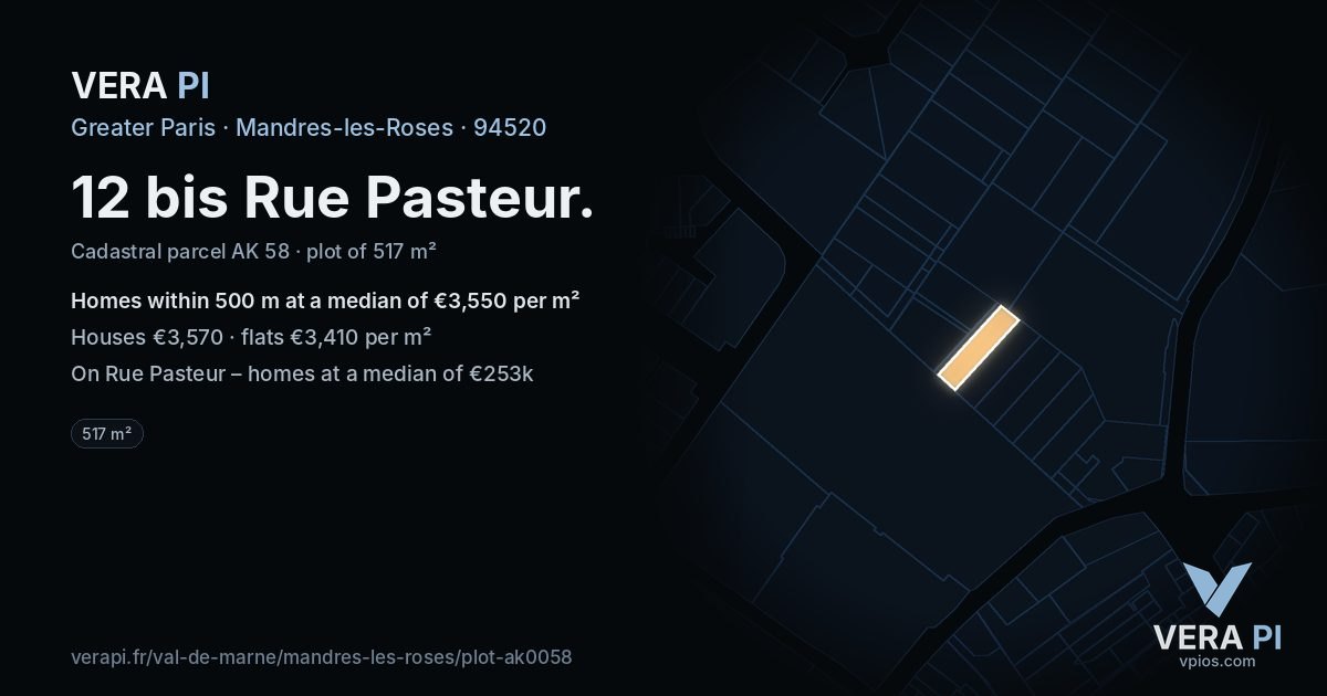 12 bis Rue Pasteur, Mandres-les-Roses at night – the plot lit, the parcels around coloured by the prices near them