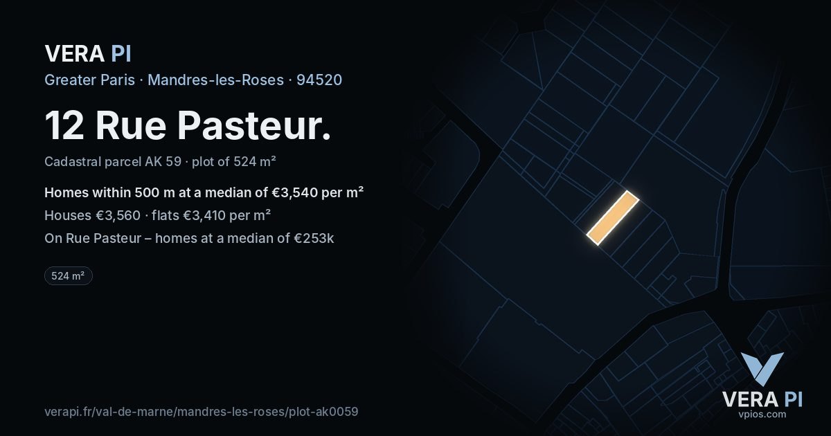 12 Rue Pasteur, Mandres-les-Roses at night – the plot lit, the parcels around coloured by the prices near them