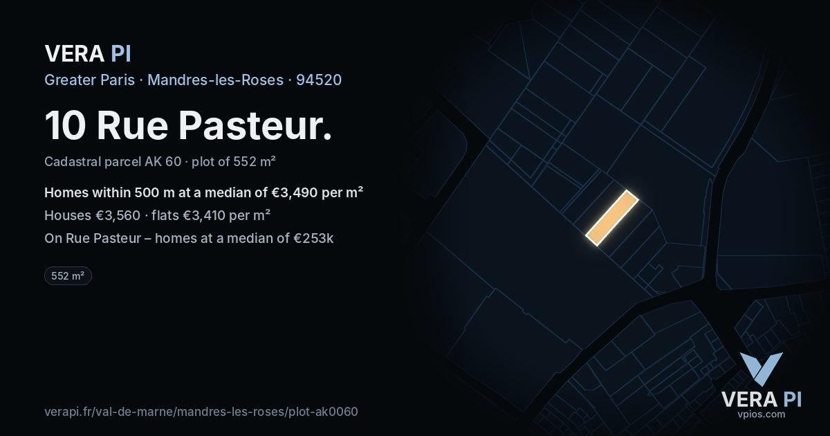 10 Rue Pasteur, Mandres-les-Roses at night – the plot lit, the parcels around coloured by the prices near them