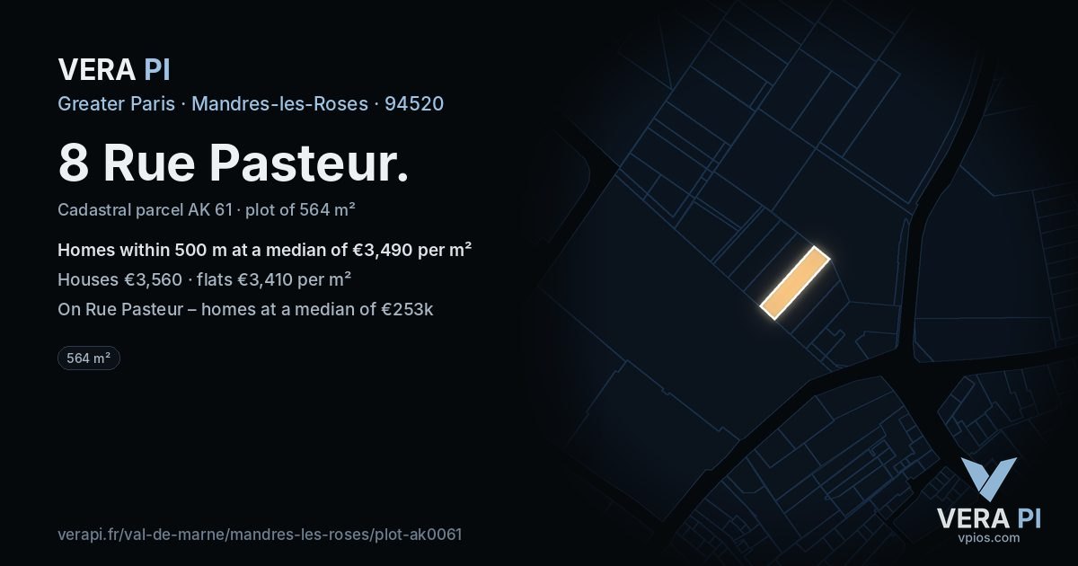 8 Rue Pasteur, Mandres-les-Roses at night – the plot lit, the parcels around coloured by the prices near them