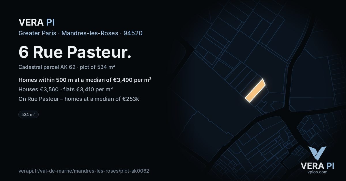 6 Rue Pasteur, Mandres-les-Roses at night – the plot lit, the parcels around coloured by the prices near them