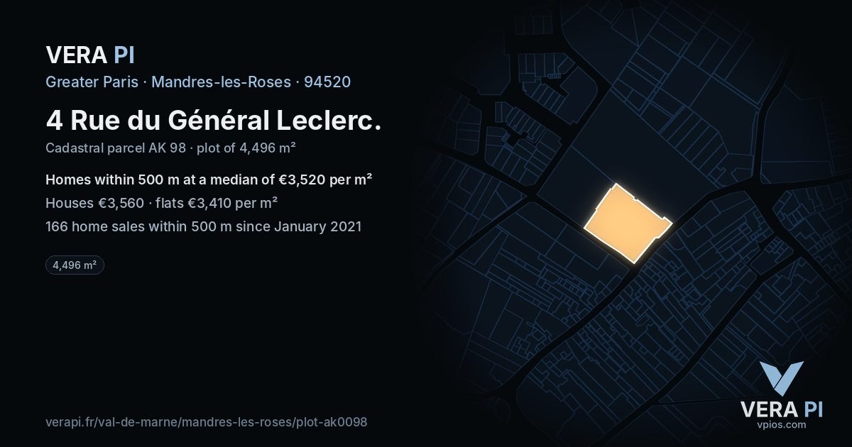 4 Rue du Général Leclerc, Mandres-les-Roses at night – the plot lit, the parcels around coloured by the prices near them