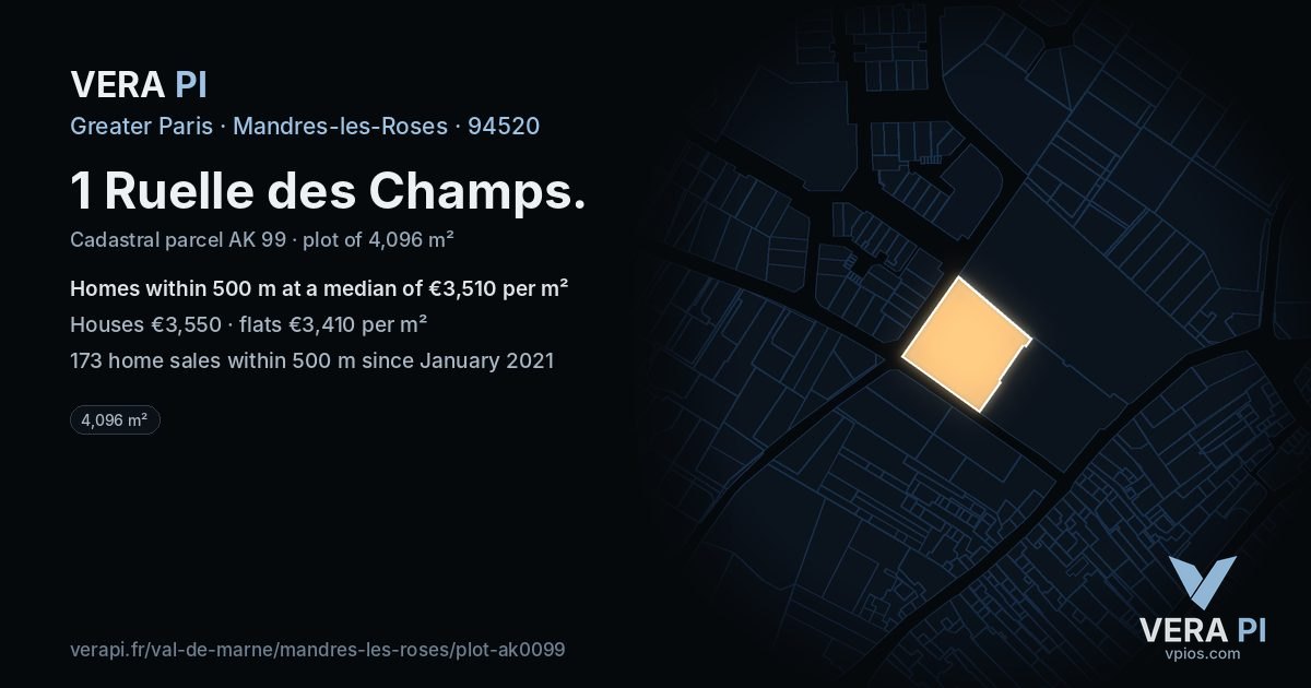 1 Ruelle des Champs, Mandres-les-Roses at night – the plot lit, the parcels around coloured by the prices near them