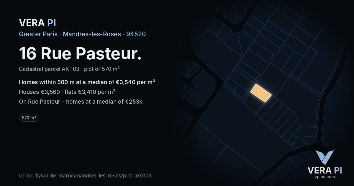 16 Rue Pasteur, Mandres-les-Roses at night – the plot lit, the parcels around coloured by the prices near them