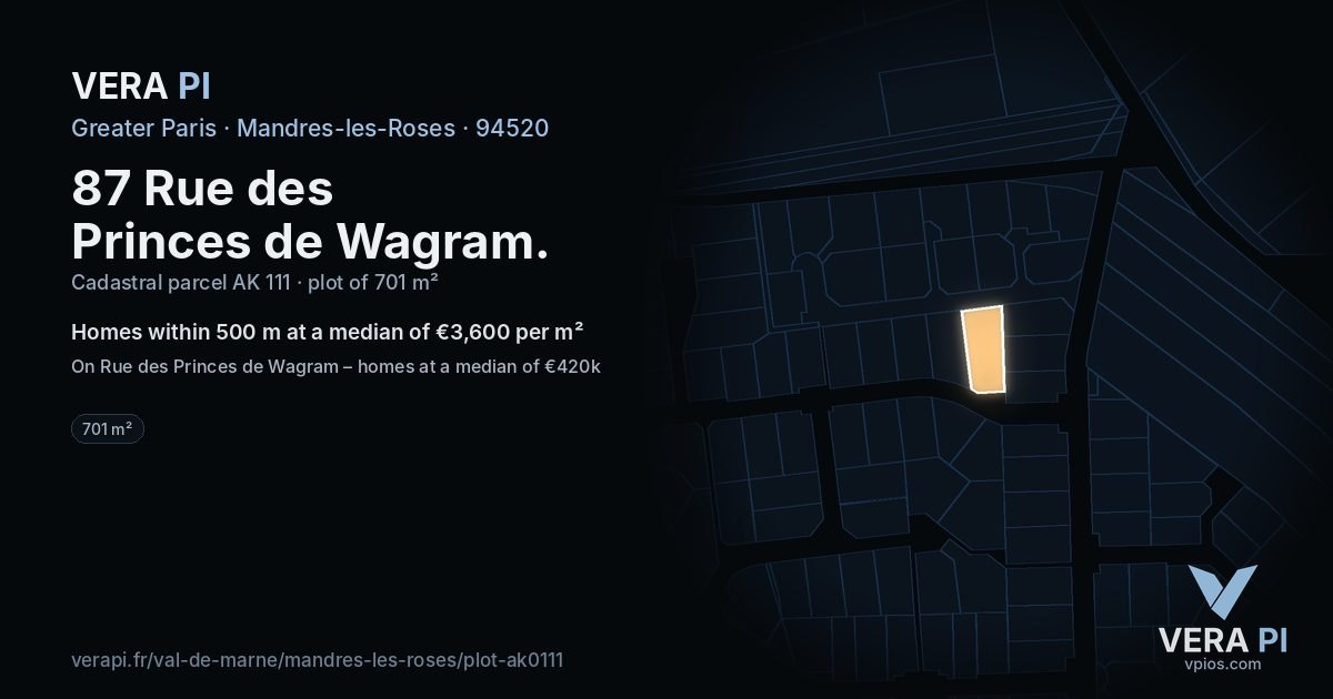 87 Rue des Princes de Wagram, Mandres-les-Roses at night – the plot lit, the parcels around coloured by the prices near them
