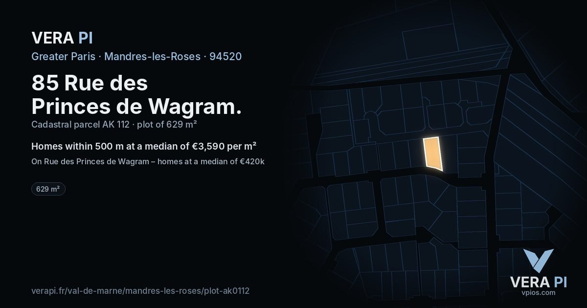 85 Rue des Princes de Wagram, Mandres-les-Roses at night – the plot lit, the parcels around coloured by the prices near them