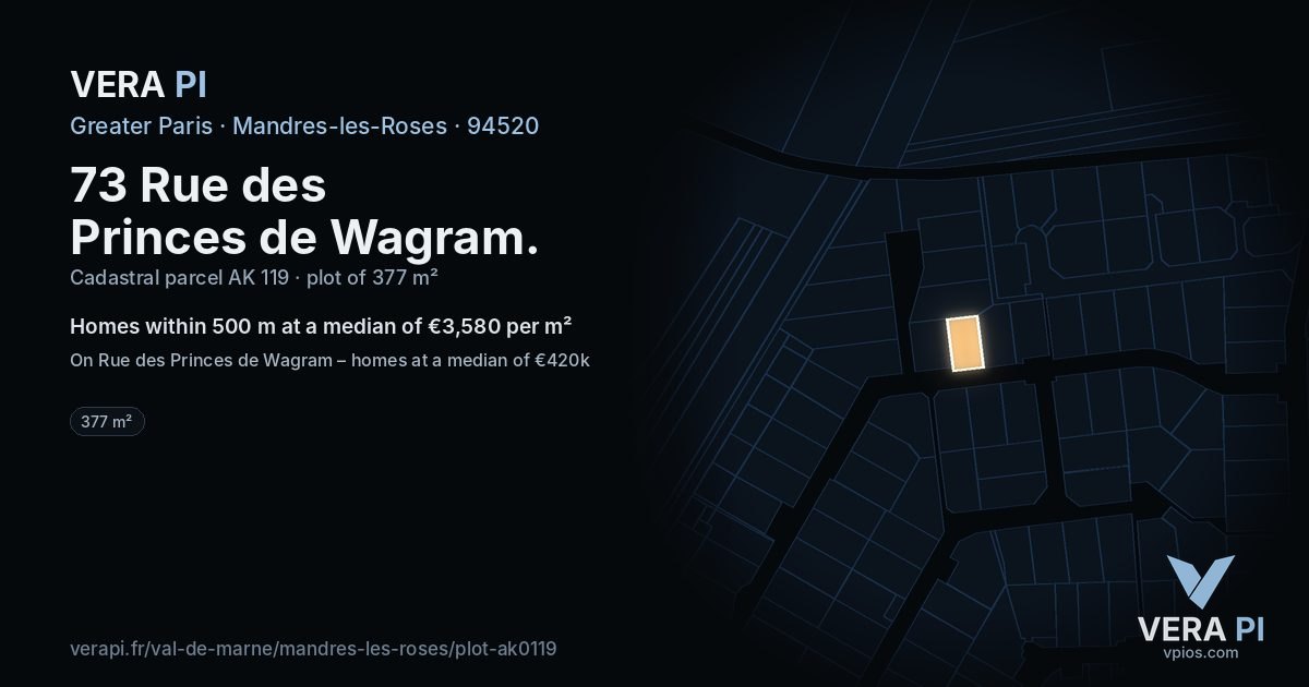 73 Rue des Princes de Wagram, Mandres-les-Roses at night – the plot lit, the parcels around coloured by the prices near them