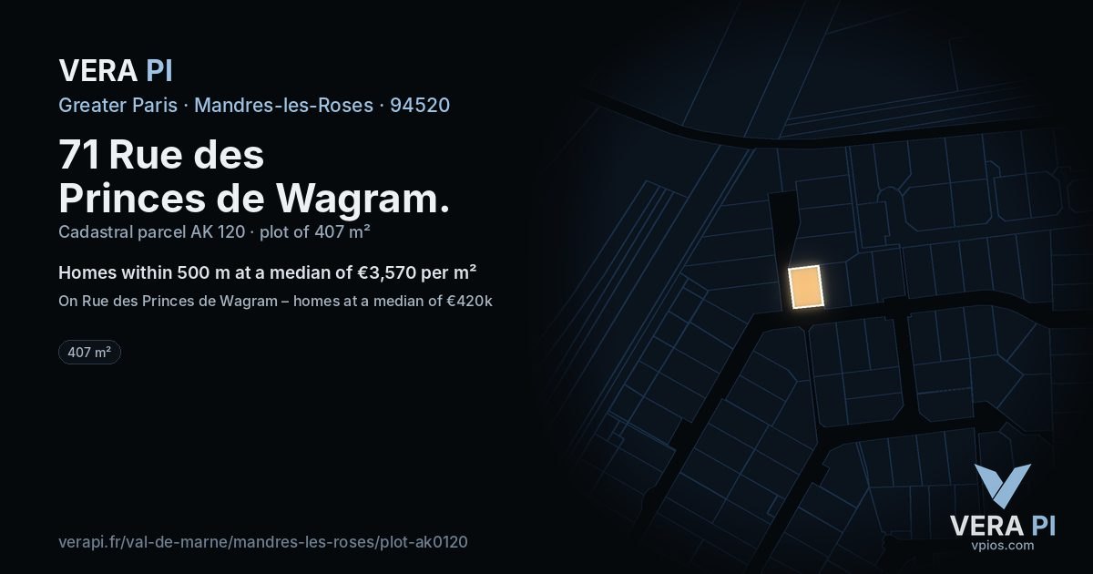 71 Rue des Princes de Wagram, Mandres-les-Roses at night – the plot lit, the parcels around coloured by the prices near them