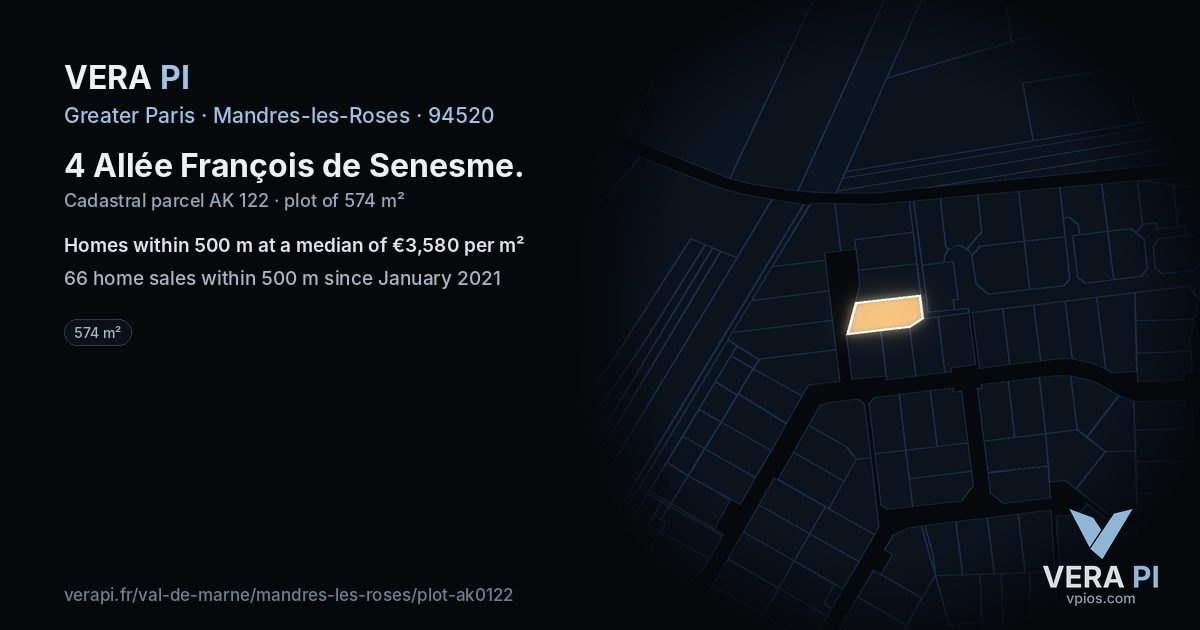 4 Allée François de Senesme, Mandres-les-Roses at night – the plot lit, the parcels around coloured by the prices near them