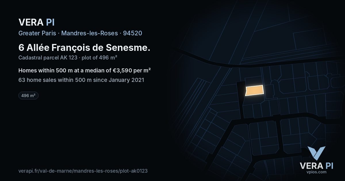 6 Allée François de Senesme, Mandres-les-Roses at night – the plot lit, the parcels around coloured by the prices near them