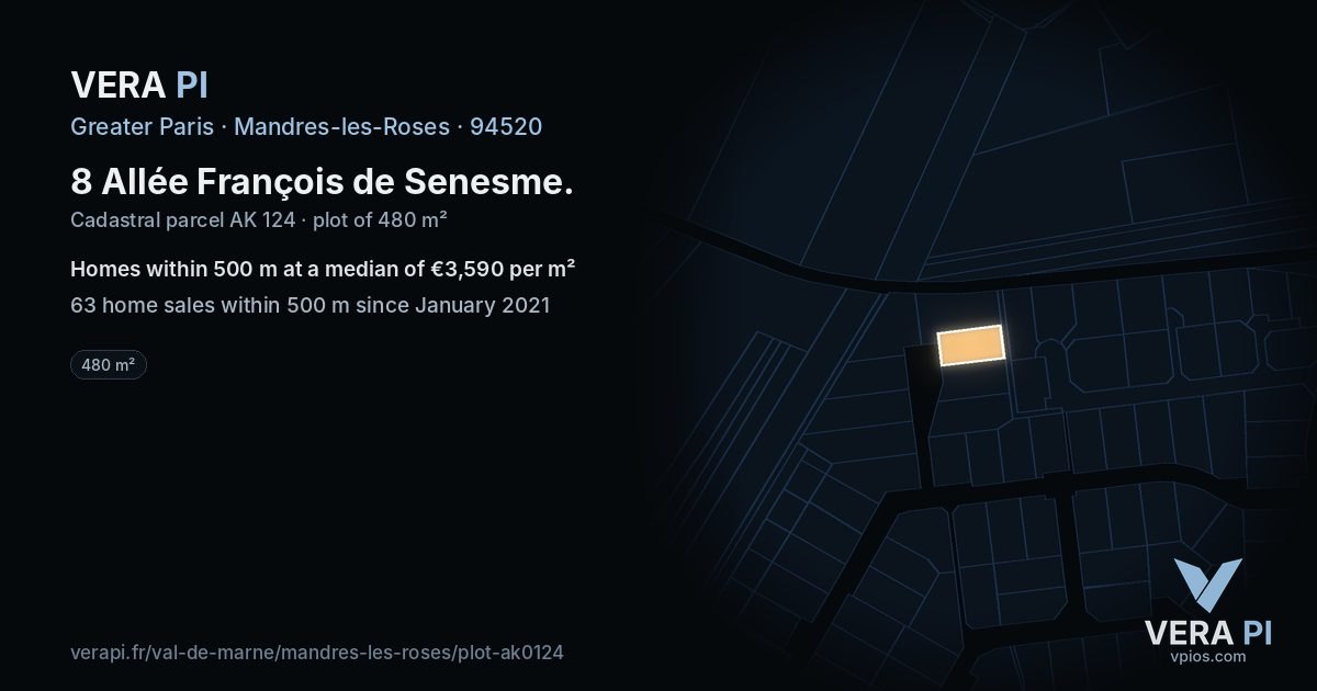8 Allée François de Senesme, Mandres-les-Roses at night – the plot lit, the parcels around coloured by the prices near them