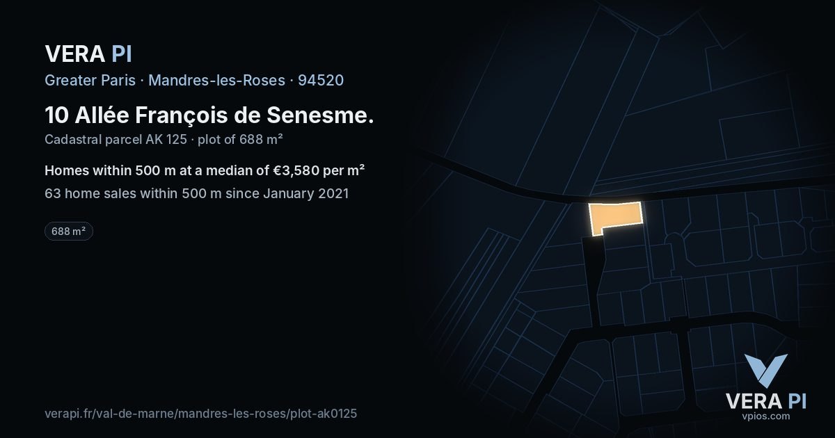 10 Allée François de Senesme, Mandres-les-Roses at night – the plot lit, the parcels around coloured by the prices near them