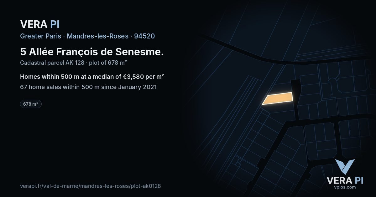 5 Allée François de Senesme, Mandres-les-Roses at night – the plot lit, the parcels around coloured by the prices near them