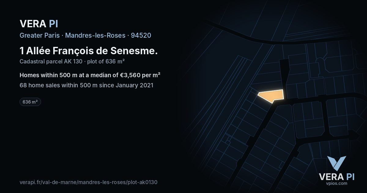 1 Allée François de Senesme, Mandres-les-Roses at night – the plot lit, the parcels around coloured by the prices near them