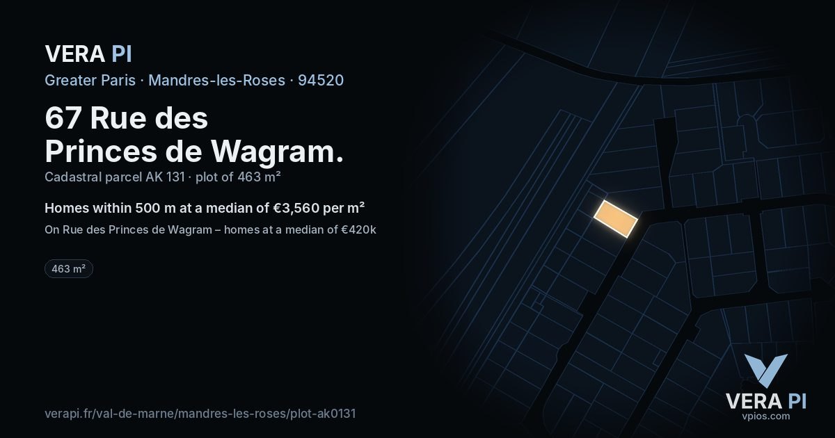67 Rue des Princes de Wagram, Mandres-les-Roses at night – the plot lit, the parcels around coloured by the prices near them