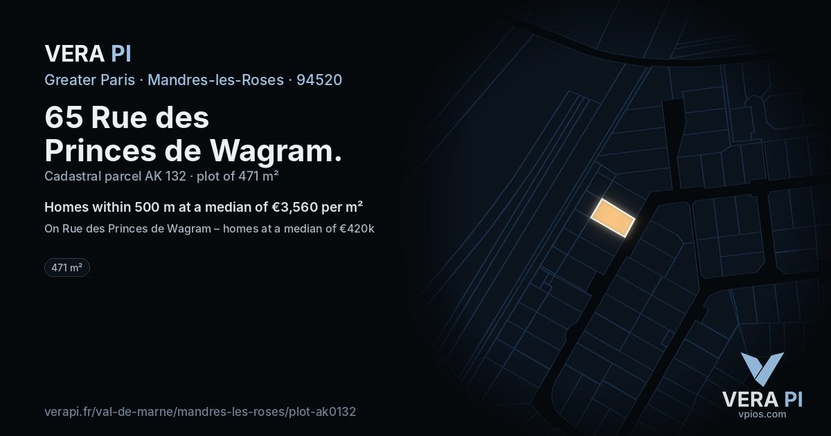 65 Rue des Princes de Wagram, Mandres-les-Roses at night – the plot lit, the parcels around coloured by the prices near them