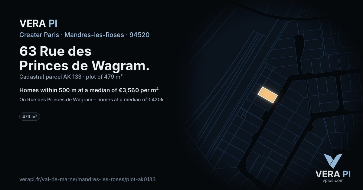 63 Rue des Princes de Wagram, Mandres-les-Roses at night – the plot lit, the parcels around coloured by the prices near them