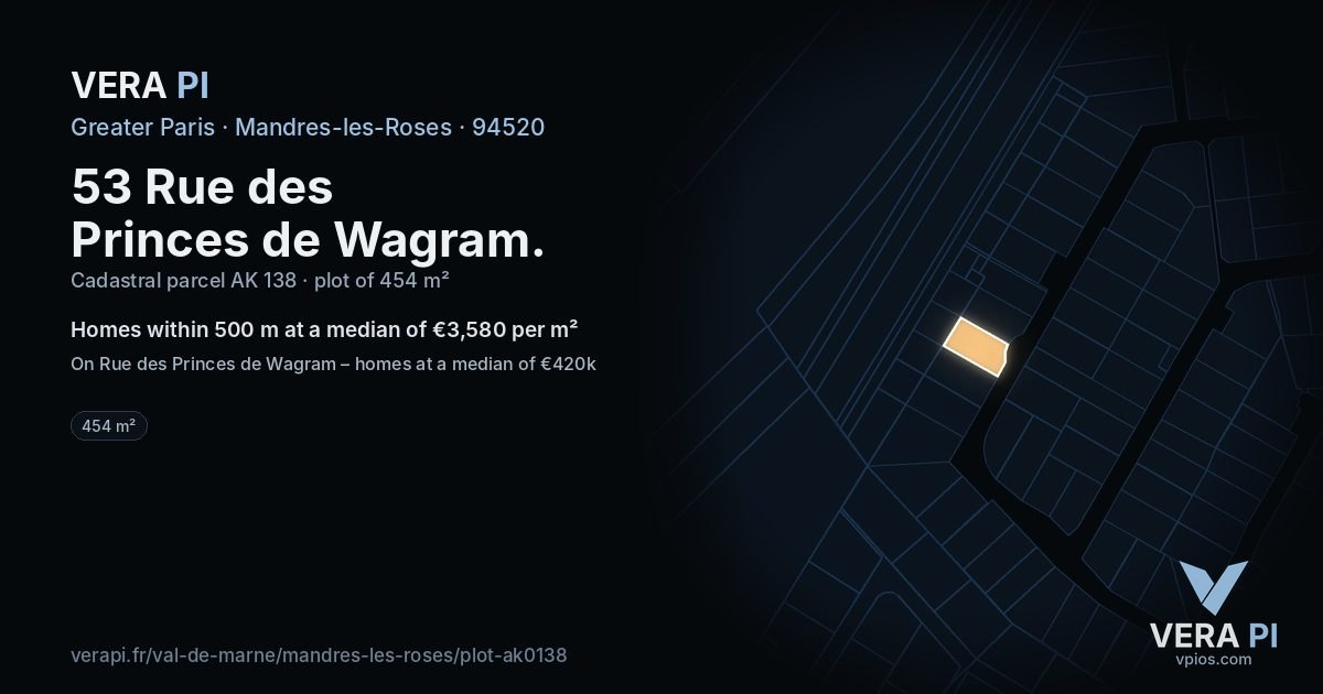 53 Rue des Princes de Wagram, Mandres-les-Roses at night – the plot lit, the parcels around coloured by the prices near them