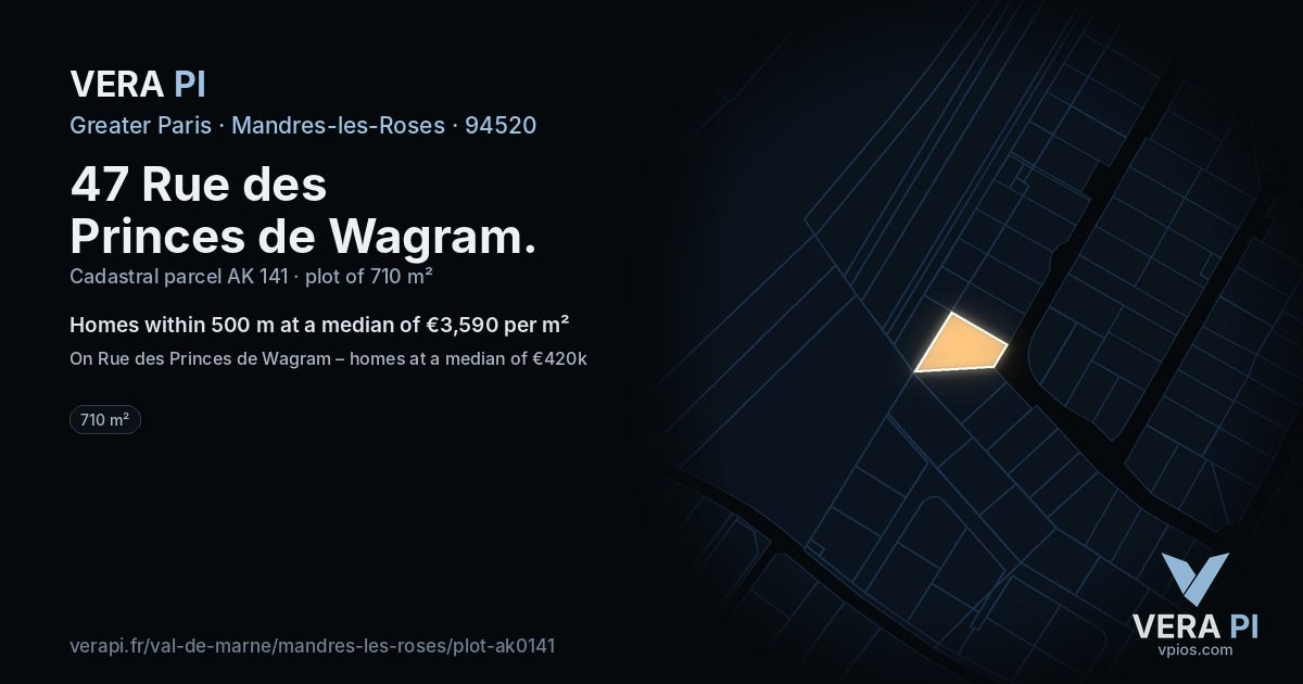 47 Rue des Princes de Wagram, Mandres-les-Roses at night – the plot lit, the parcels around coloured by the prices near them