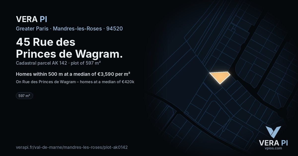 45 Rue des Princes de Wagram, Mandres-les-Roses at night – the plot lit, the parcels around coloured by the prices near them