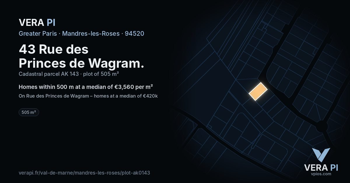 43 Rue des Princes de Wagram, Mandres-les-Roses at night – the plot lit, the parcels around coloured by the prices near them