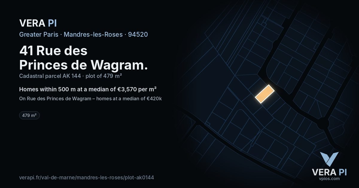 41 Rue des Princes de Wagram, Mandres-les-Roses at night – the plot lit, the parcels around coloured by the prices near them
