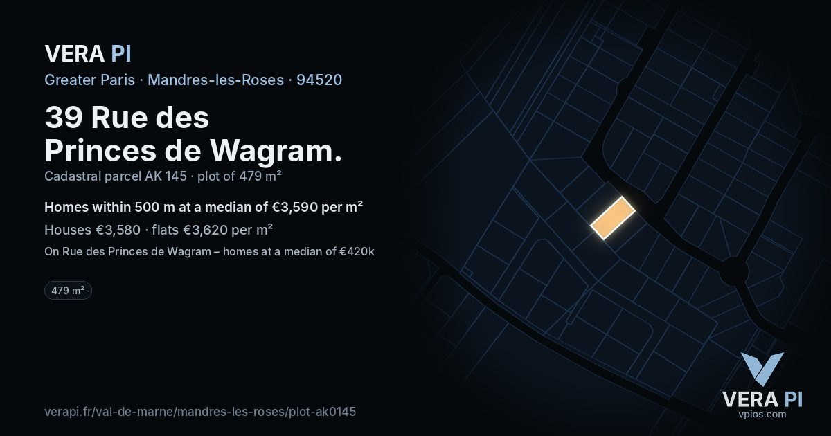 39 Rue des Princes de Wagram, Mandres-les-Roses at night – the plot lit, the parcels around coloured by the prices near them