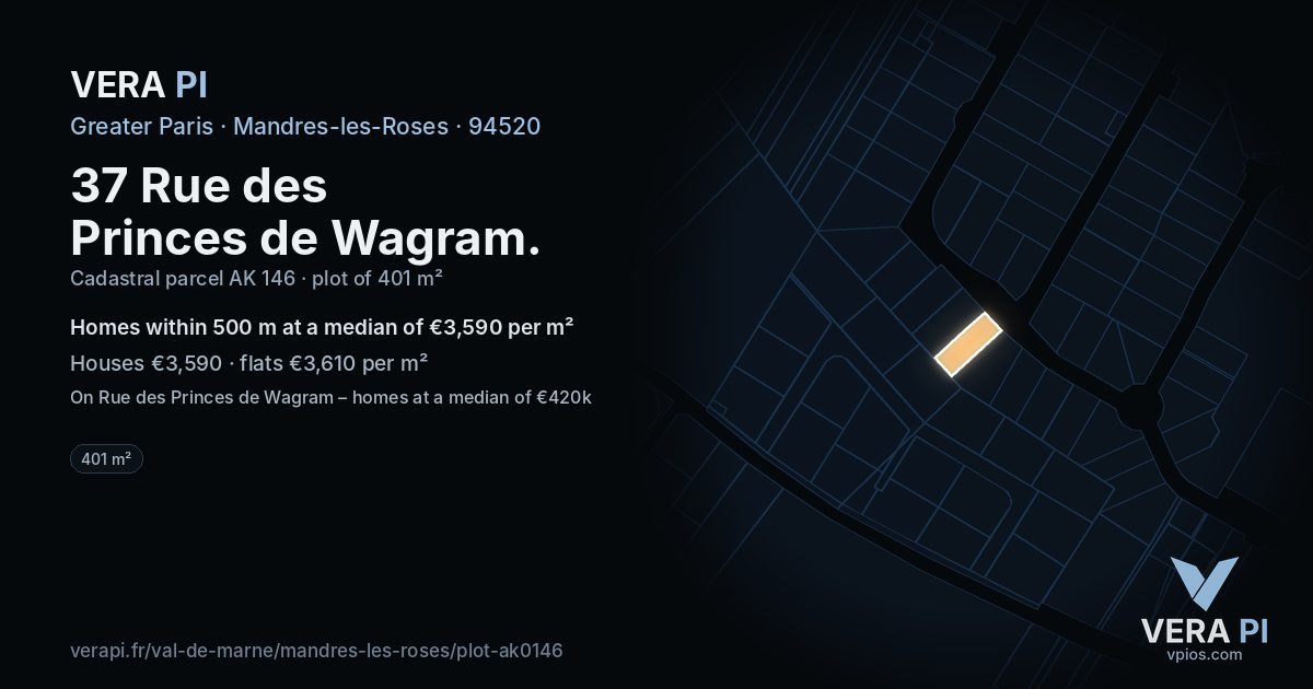 37 Rue des Princes de Wagram, Mandres-les-Roses at night – the plot lit, the parcels around coloured by the prices near them